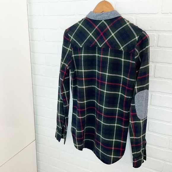 Vintage Y2K Button down Shirt Plaid Flanelle Studds Elbow patches Amnesia Navy S - Picture 2 of 16